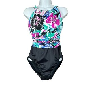 Magicsuit Floral High Neck One Piece Swimsuit Size 10 Tummy Control Black
